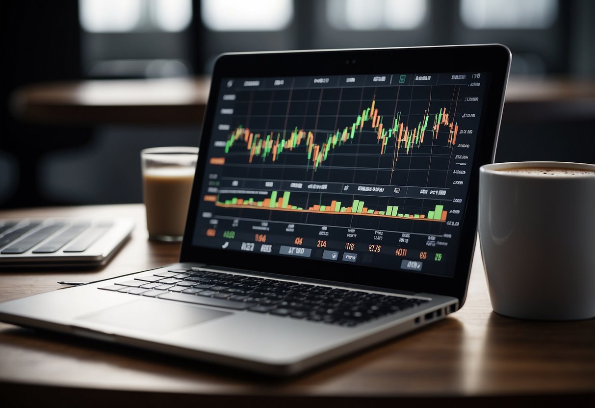 A table with charts and graphs showing investment strategies. A laptop displaying financial data. A stack of books on investing. A pen and notebook for note-taking. A mug of coffee