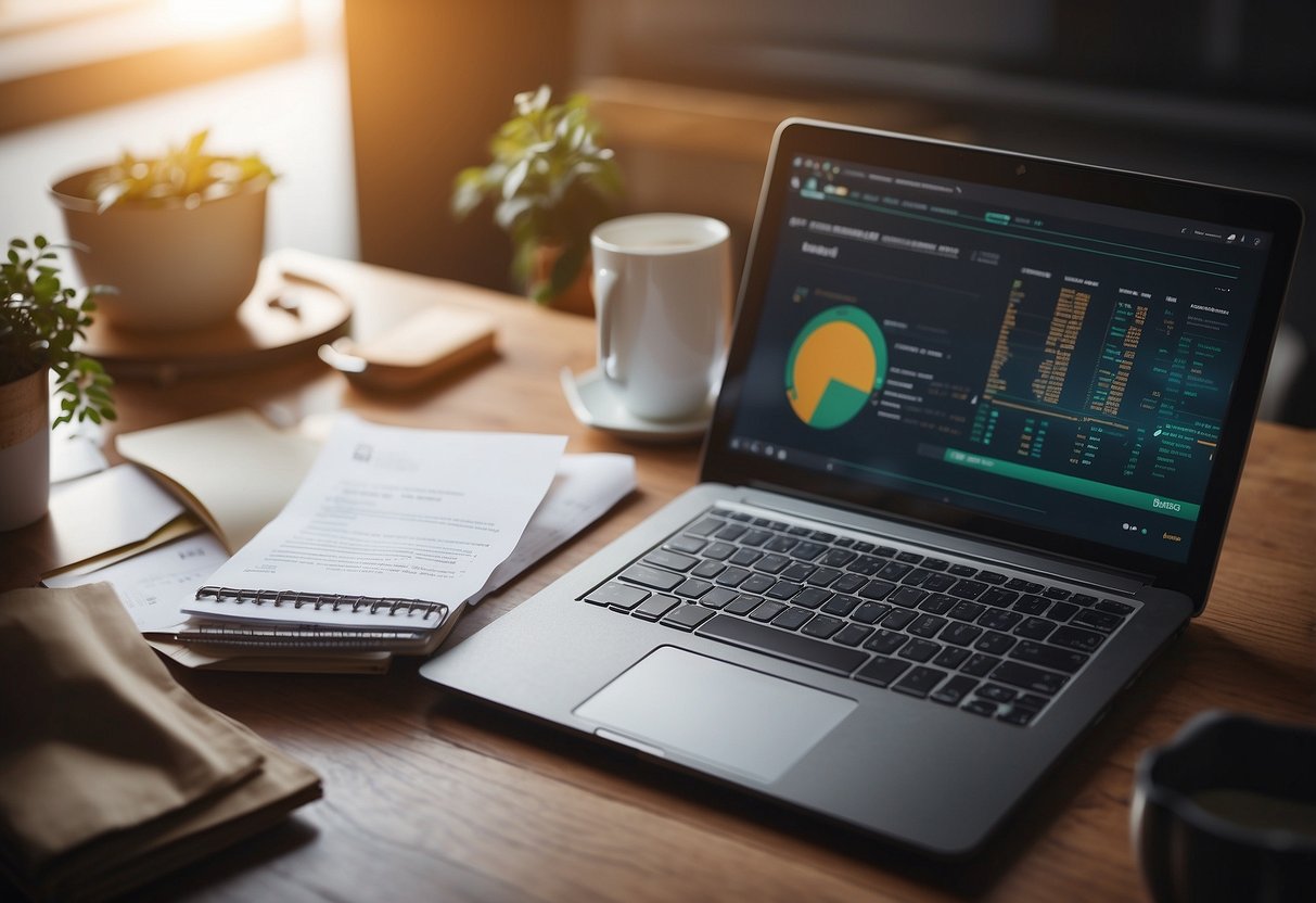 A table with a laptop showing Bonds Top 5 Investment Strategies for Beginners in 2024. Surrounding the laptop are various investment tools such as books, a calculator, and a notepad with financial notes