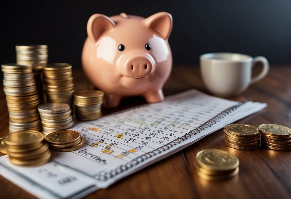 A piggy bank being filled with coins and bills, a calendar with "savings goal" written on it, and a graph showing progress increasing over time