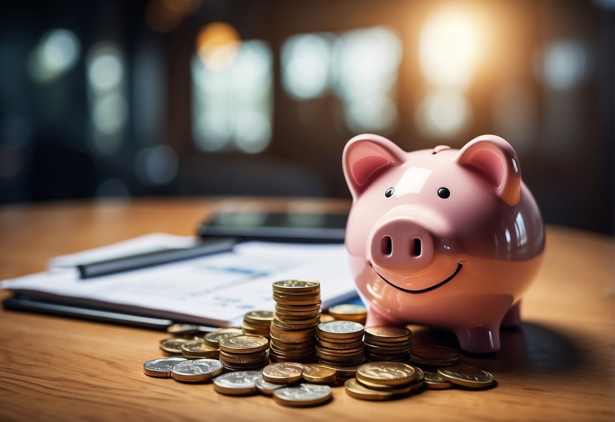 A piggy bank being filled with coins and bills, a financial goal chart with milestones, and a calendar marking savings progress