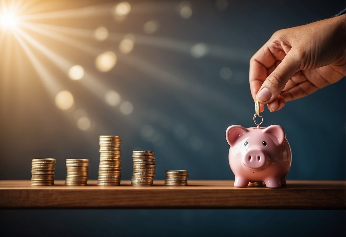 A hand reaching for a piggy bank on a shelf, while a chart on the wall shows a step-by-step guide to building an emergency fund