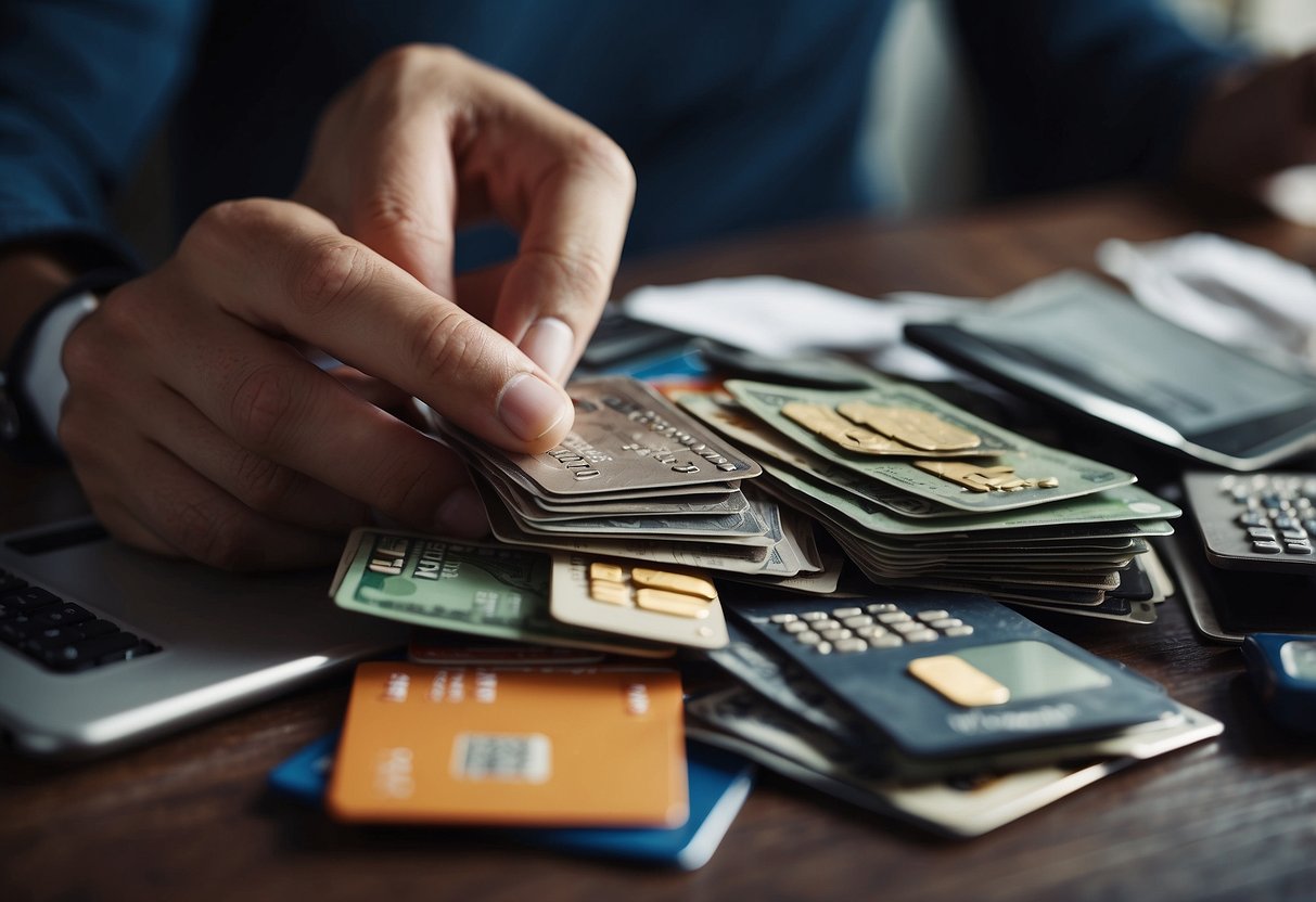 A person organizing credit cards, cutting them up, and creating a budget plan to reduce debt