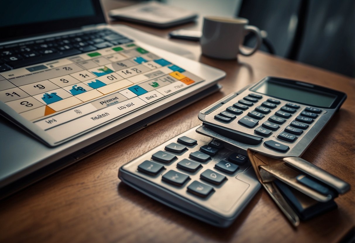 A laptop and credit card on a desk with a calendar and calculator. A graph showing decreasing debt. Text "Set Up Automatic Payments" and "Smart Tips for Managing and Reducing Credit Card Debt."