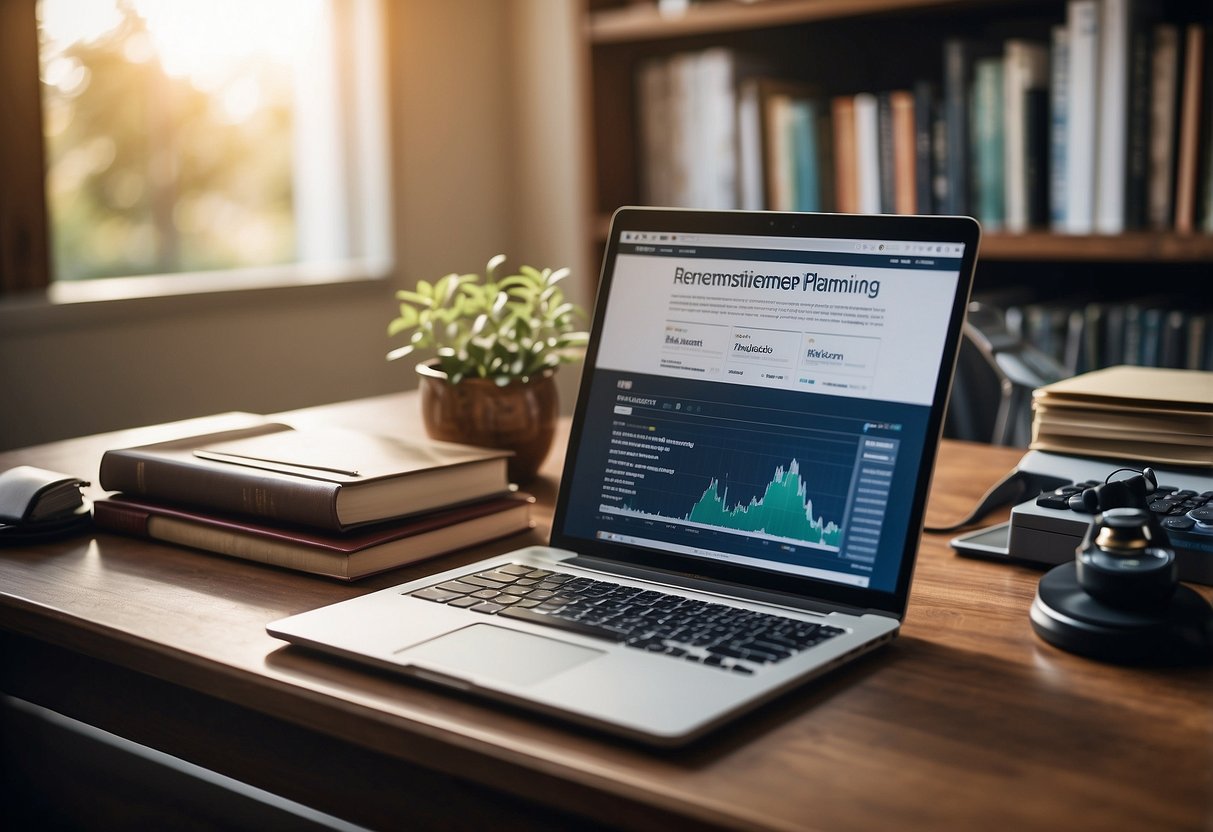 A serene setting with a desk, calculator, and financial documents. A bookshelf filled with retirement planning guides. A laptop open to a retirement planning website