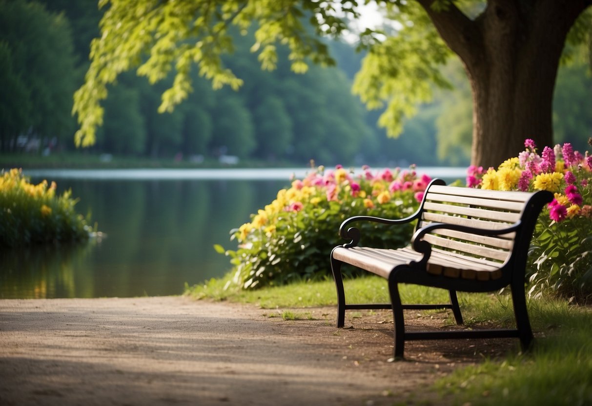 A serene park with a bench overlooking a calm lake, surrounded by lush green trees and colorful flowers, symbolizing a peaceful retirement