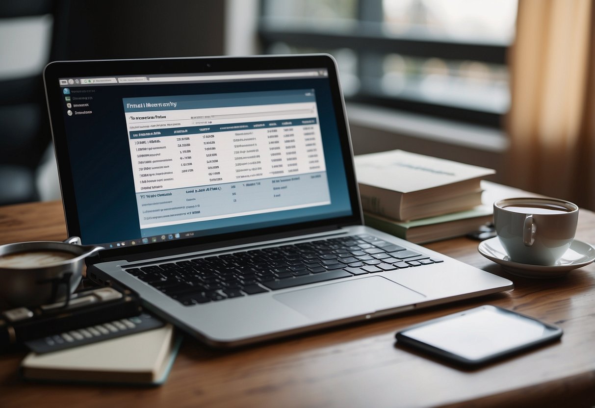 A table with financial documents, a computer displaying retirement planning software, and a stack of books on income sources and social security