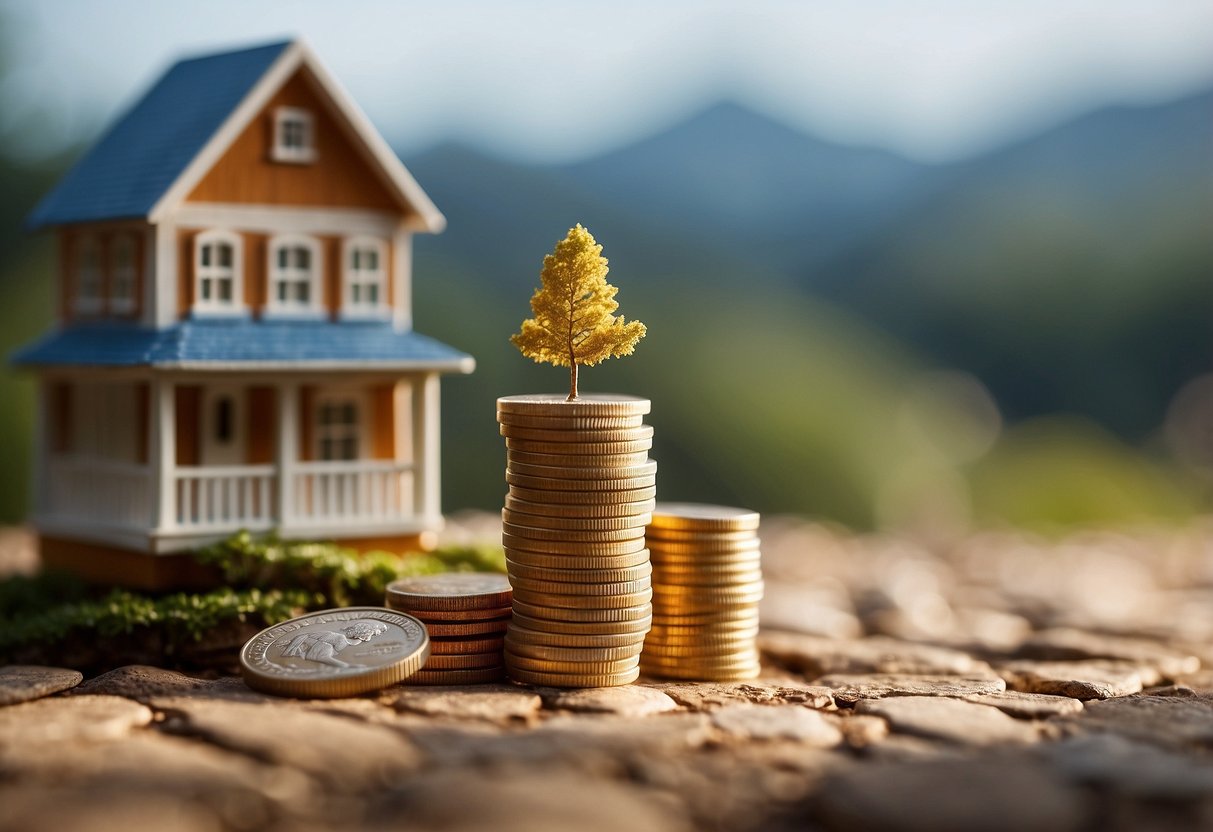 A small stack of coins sits next to a miniature house model, symbolizing the concept of investing in real estate with limited capital. A growth chart in the background illustrates the potential for financial growth