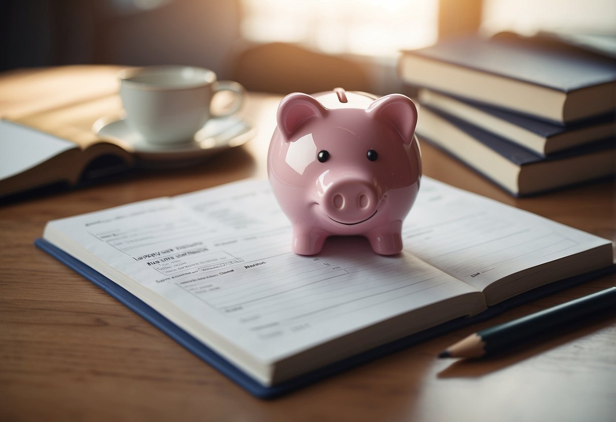 A small, empty piggy bank sits on a table next to a stack of real estate investment books. A pencil and notepad are nearby, ready for planning