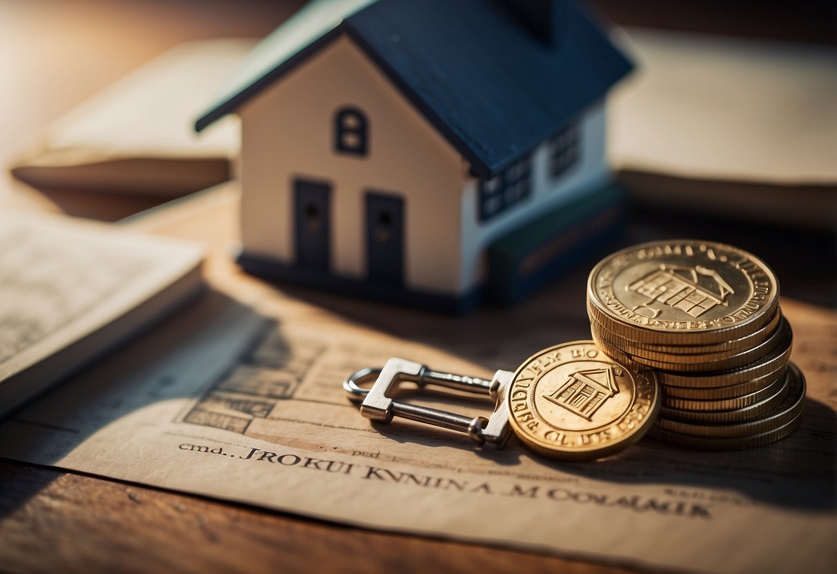 A small stack of coins and a house key on a table, surrounded by books on real estate investing and financial charts