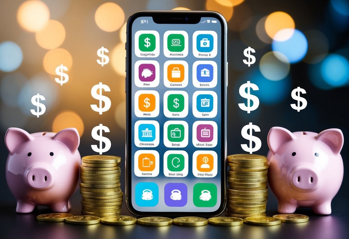 A smartphone with various budgeting app icons displayed, surrounded by piggy banks and dollar signs