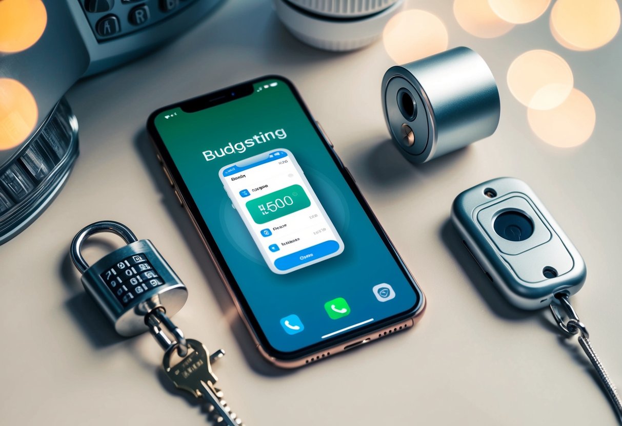 A smartphone with a budgeting app open, surrounded by a combination lock, security camera, and fingerprint scanner