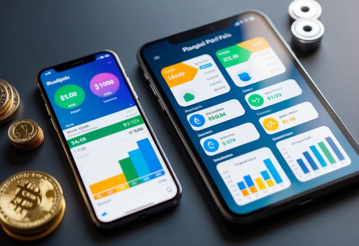 A smartphone with budgeting apps displayed alongside a diverse financial portfolio, including stocks, bonds, and real estate, all interconnected and seamlessly working together