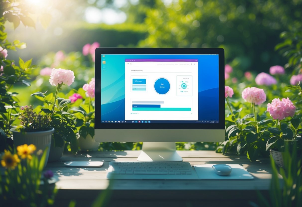 A serene garden with a computer screen displaying a staking interface, surrounded by blooming flowers and a peaceful atmosphere