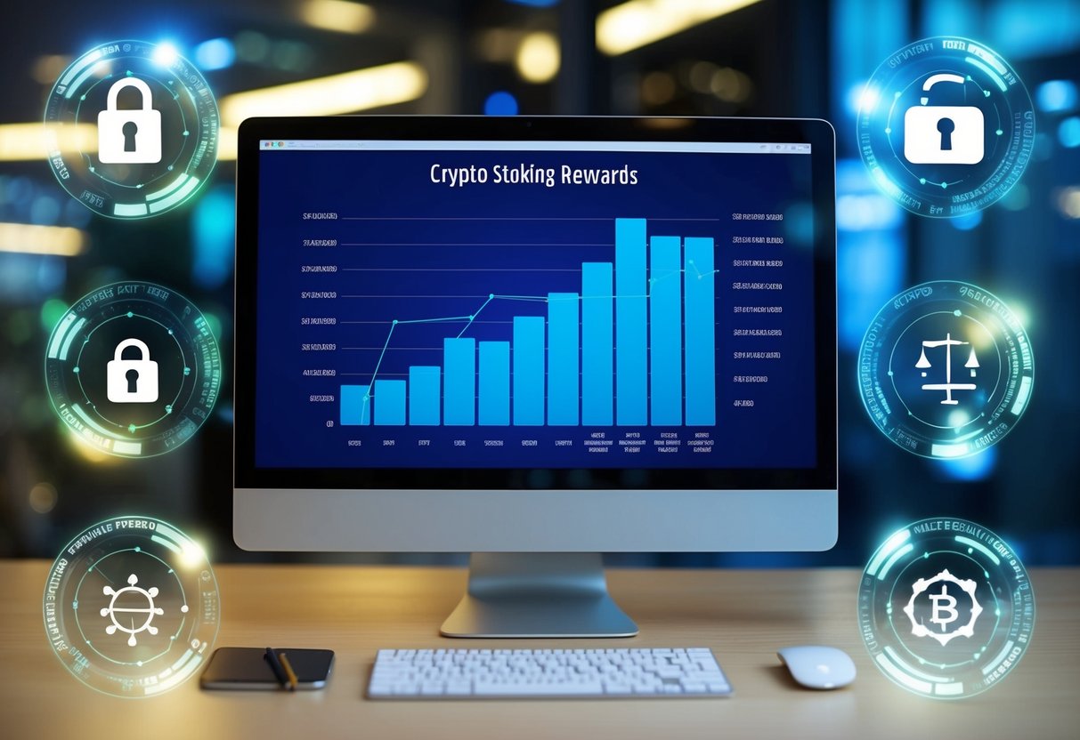 A computer screen displaying a graph of crypto staking rewards, surrounded by security symbols and risk management icons