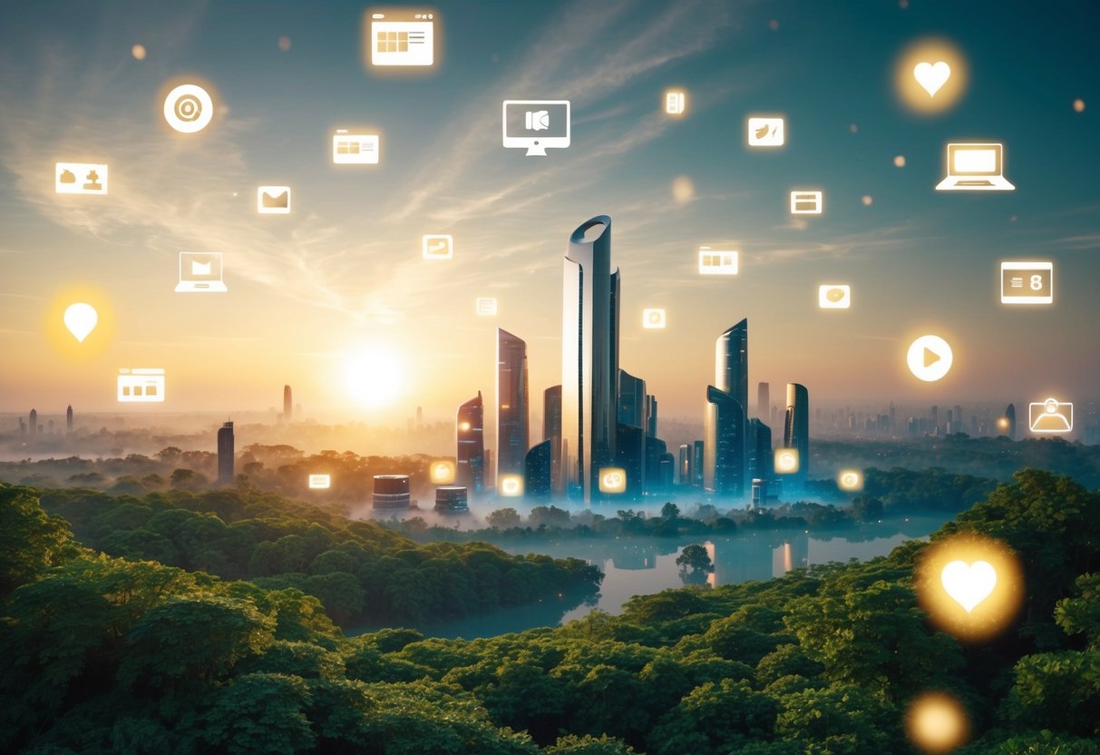 A serene, futuristic cityscape with various digital platforms and icons floating in the air, surrounded by lush greenery and glowing with a warm, inviting light