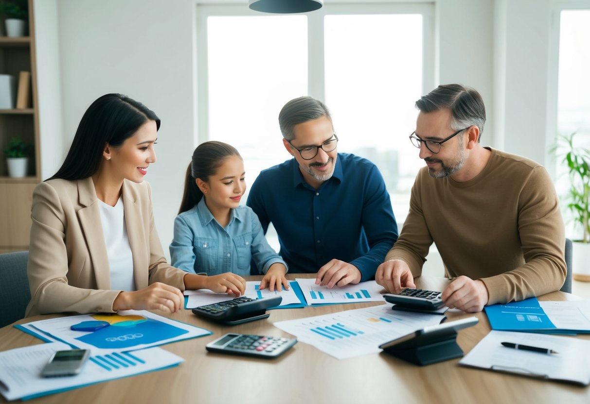 A family sitting around a table with financial documents, calculators, and budgeting tools, discussing and planning their expenses together