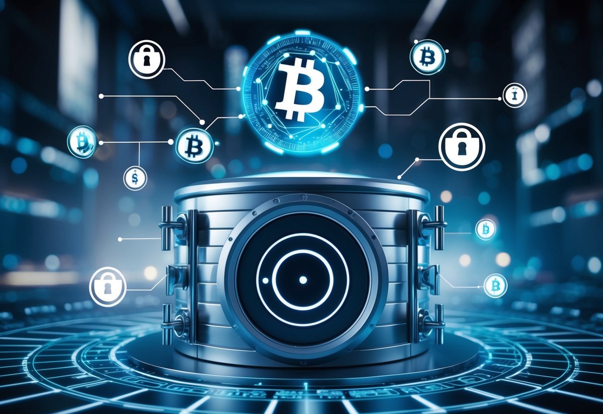 A futuristic, secure vault surrounded by digital locks and shields, with a blockchain network symbol hovering above, representing cryptocurrency security