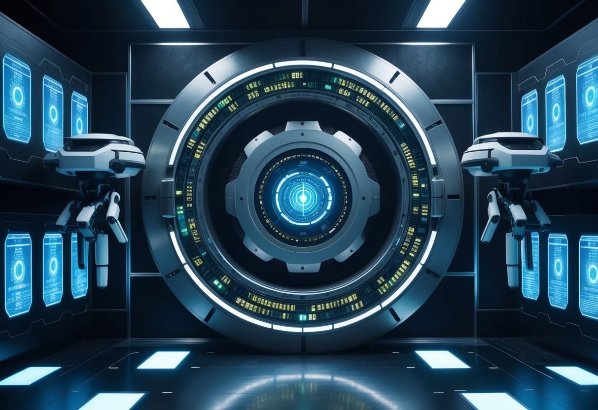 A futuristic vault with layers of biometric scanners and encryption codes, surrounded by a force field and guarded by sentinel drones