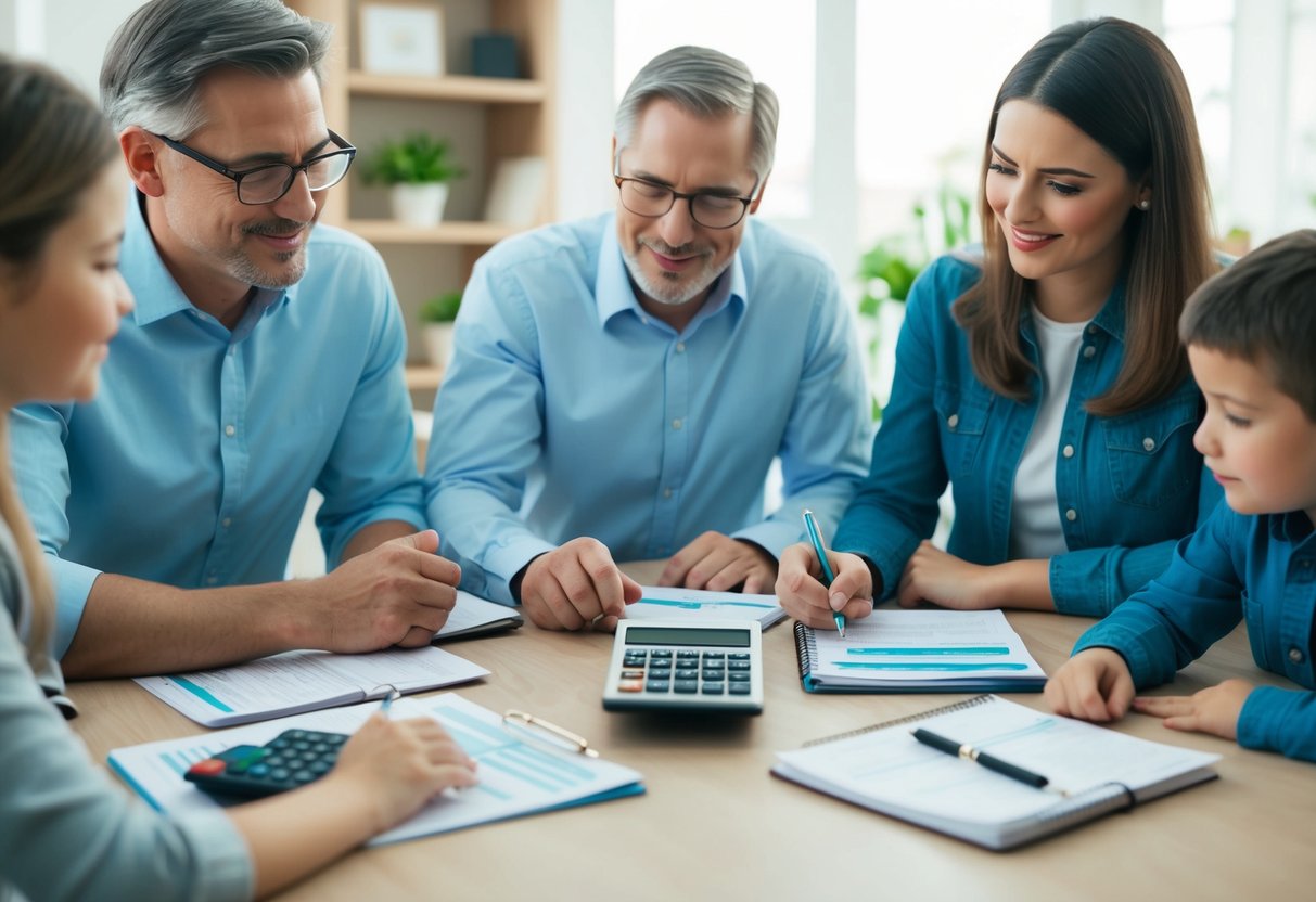 A family sitting around a table with bills, a calculator, and a notebook, discussing and planning their budget together