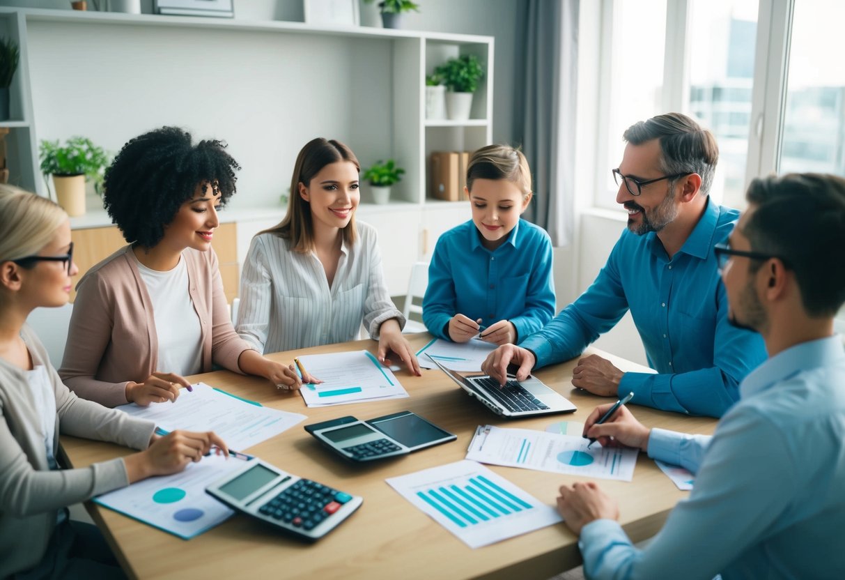 A family sitting around a table with papers, calculators, and laptops, discussing and planning a budget together