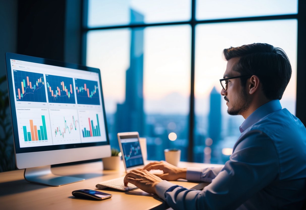 A person analyzing crypto market trends on a computer with multiple charts and graphs displayed on the screen