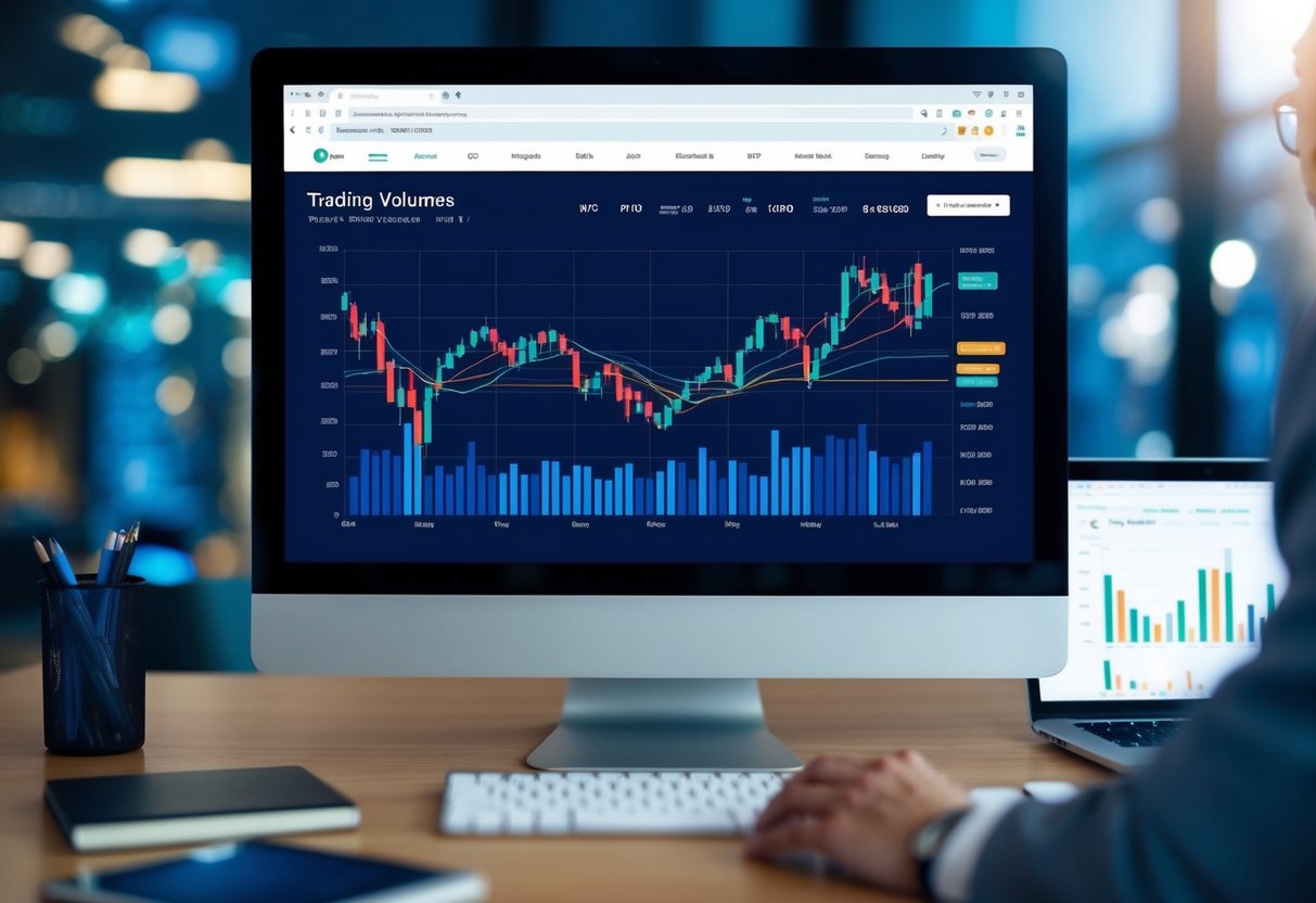 A computer screen displaying a line chart of trading volumes and liquidity in the crypto market, with various trend lines and indicators