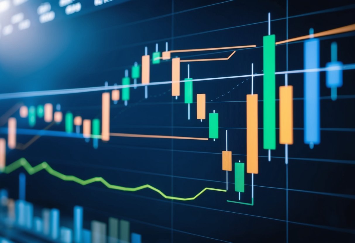 A candlestick chart displaying various technical indicators and chart patterns, with lines and shapes indicating crypto market trends