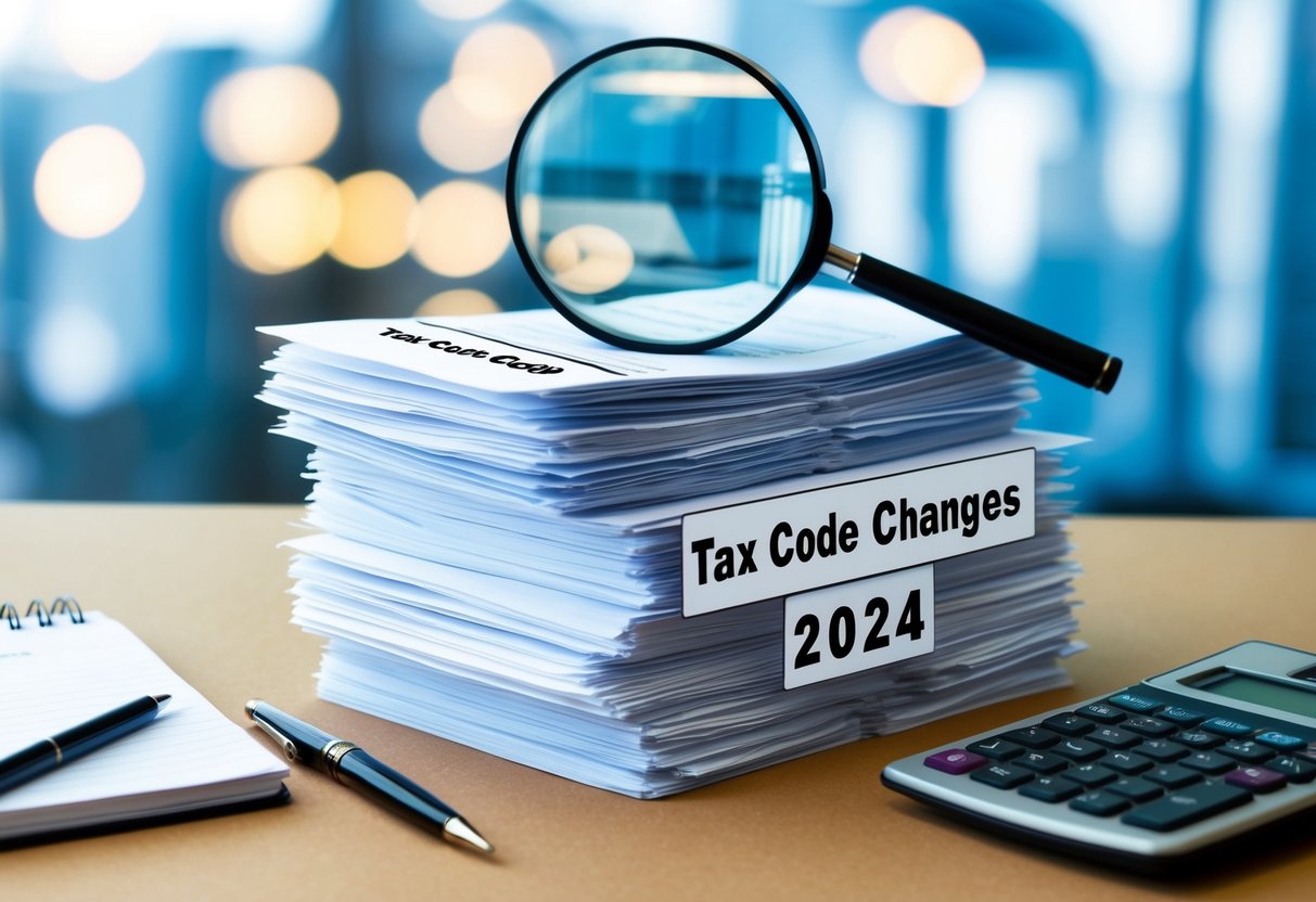 A stack of documents labeled "Tax Code Changes 2024" with a magnifying glass on top, surrounded by a calculator, pen, and notepad