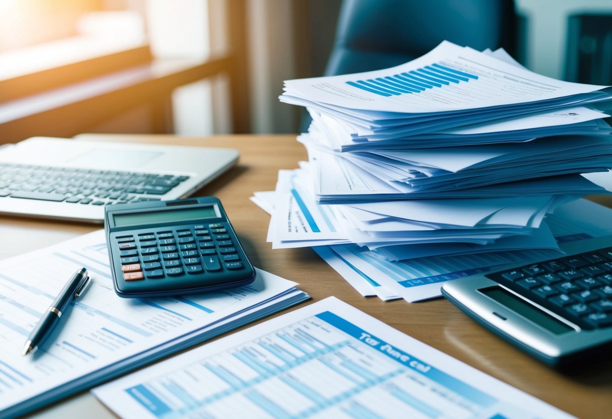 A pile of documents and charts spread out on a desk, with a calculator and pen nearby. A laptop showing tax code changes for retirement savings accounts