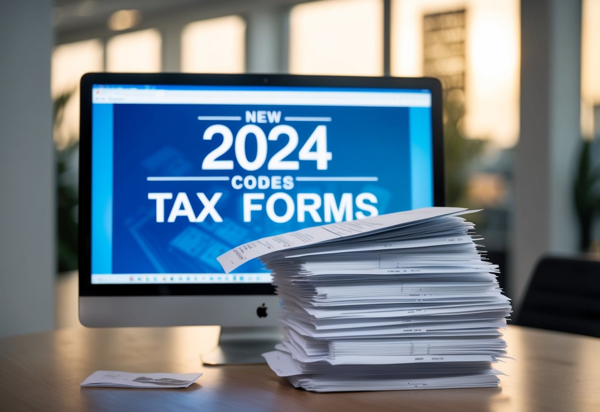 A stack of tax forms and a computer screen displaying the new tax code changes for 2024