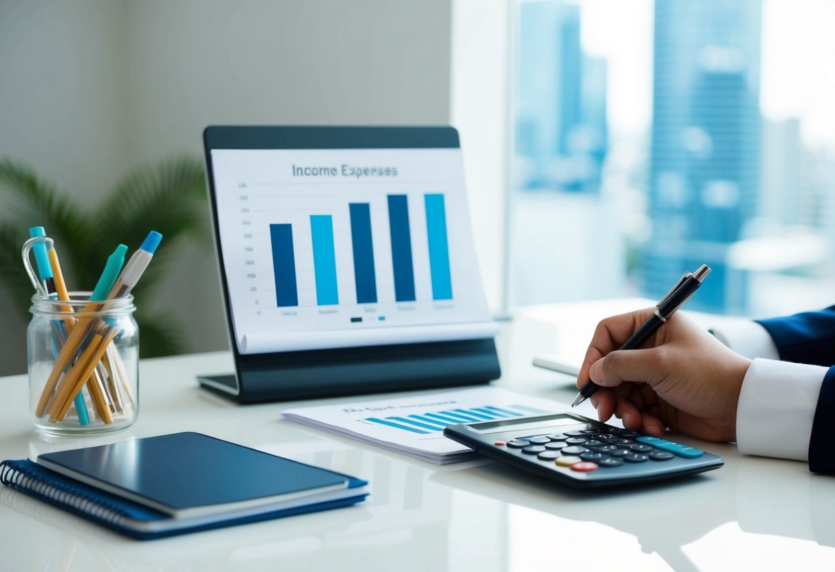 A clean, organized desk with a calculator, notebook, and pen. A chart showing income and expenses. A person reviewing and adjusting the budget