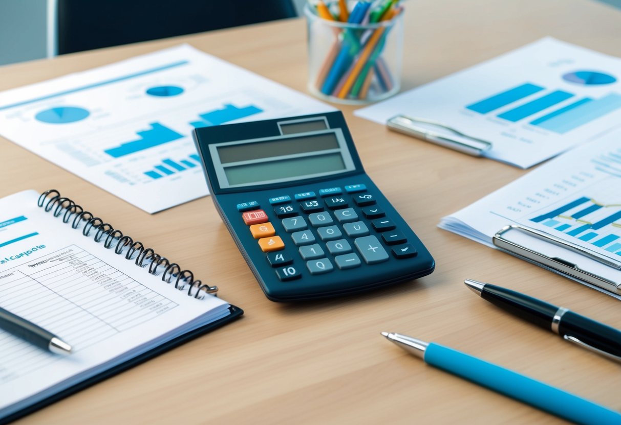 A desk with a calculator, notepad, and pen surrounded by financial documents and charts, symbolizing the process of zero-based budgeting