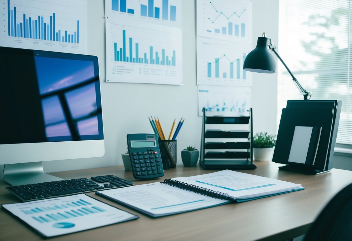 A desk with a computer, calculator, and financial documents. Charts and graphs on the wall. A book titled "ZBB Essentials" open on the desk