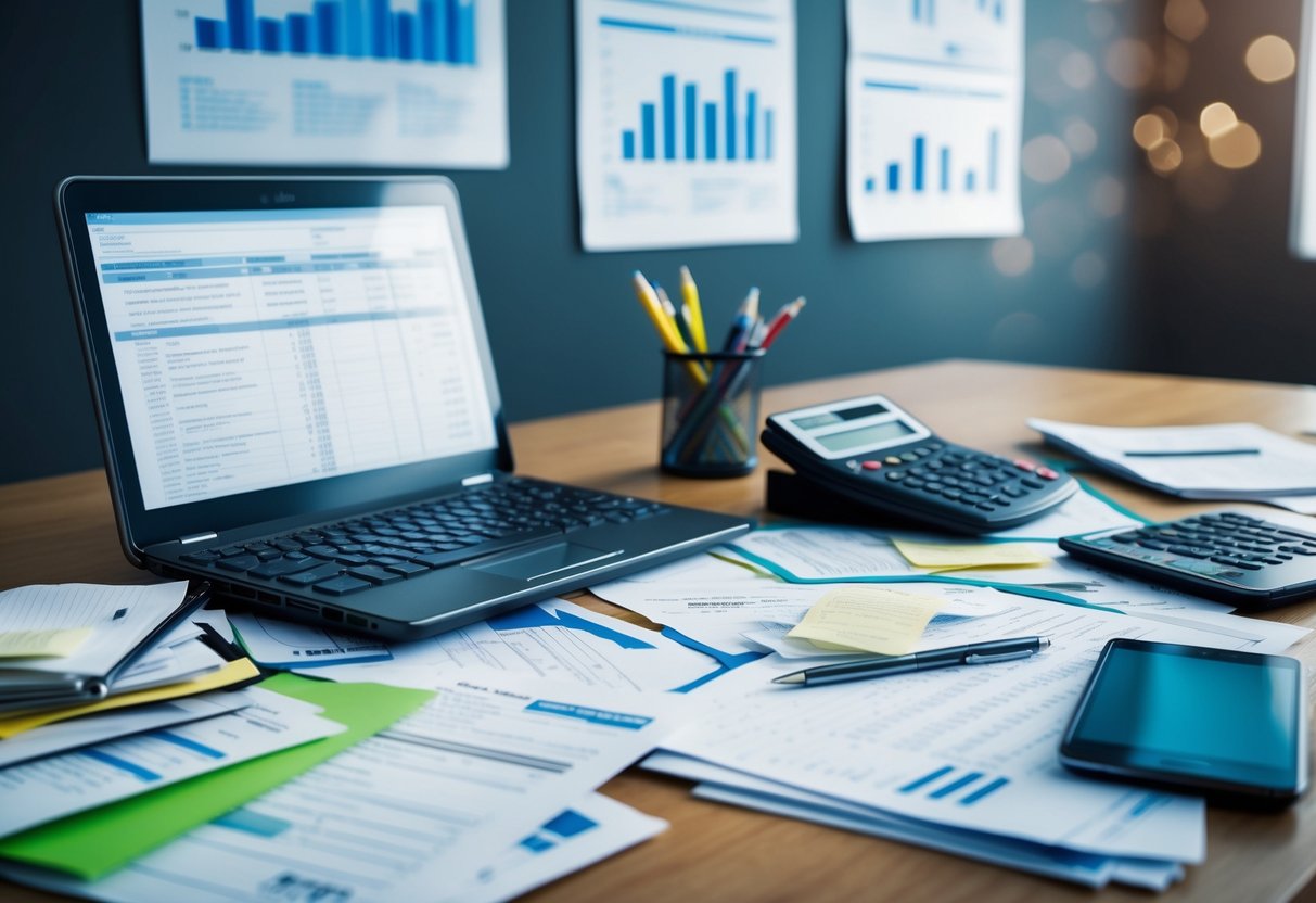 A desk cluttered with receipts, bills, and financial documents. A calculator and laptop open with tax forms displayed. Graphs and charts on the wall