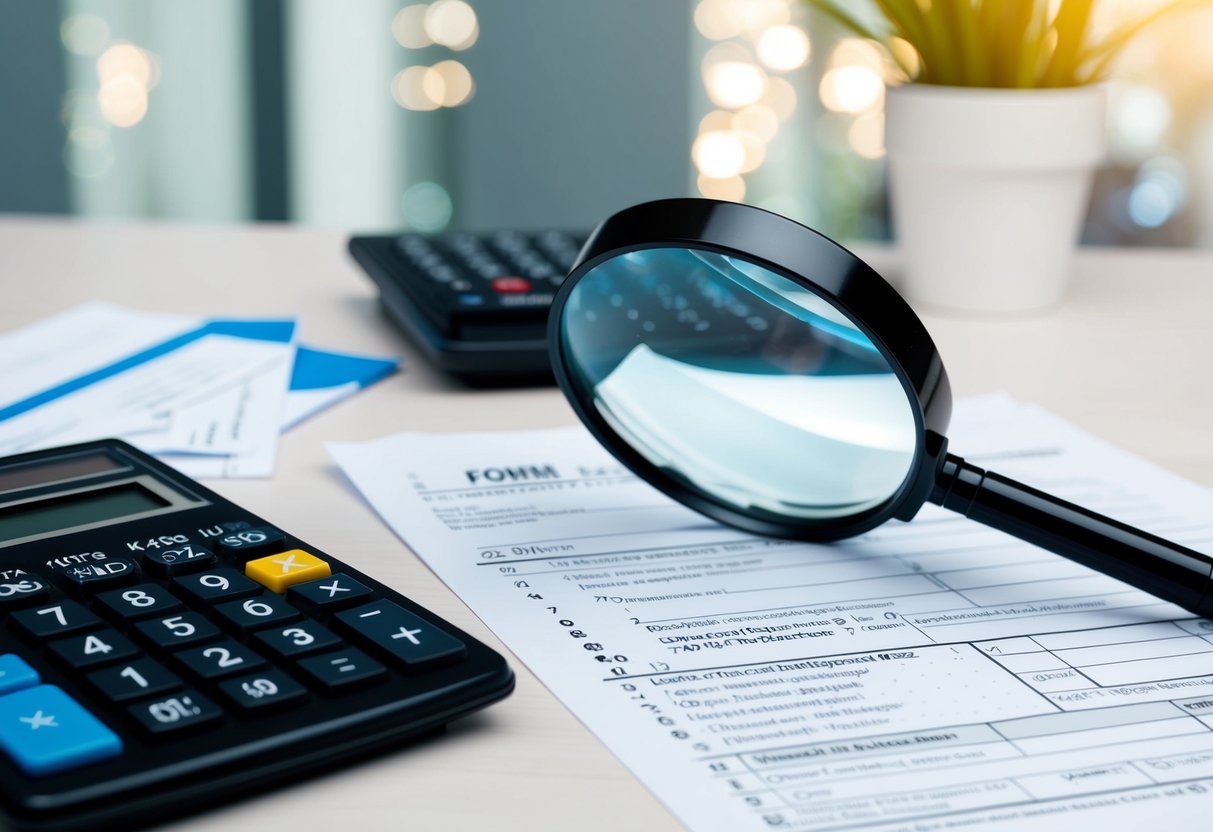 A desk with a calculator, receipts, and a tax form. A magnifying glass hovers over the form, highlighting deductions and credits