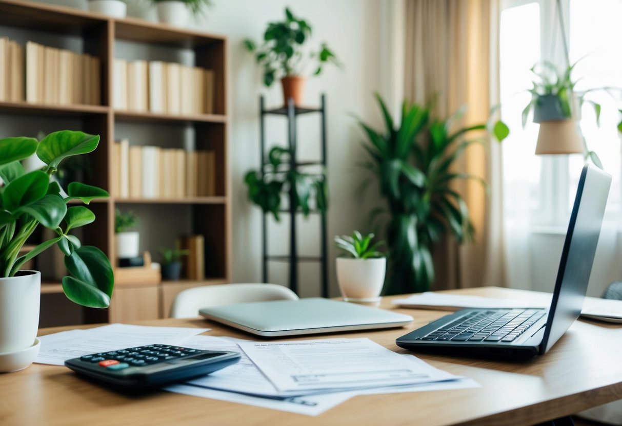 A cozy living room with a bookshelf, houseplants, and a desk with a computer and paperwork. A calculator and tax forms are scattered on the table