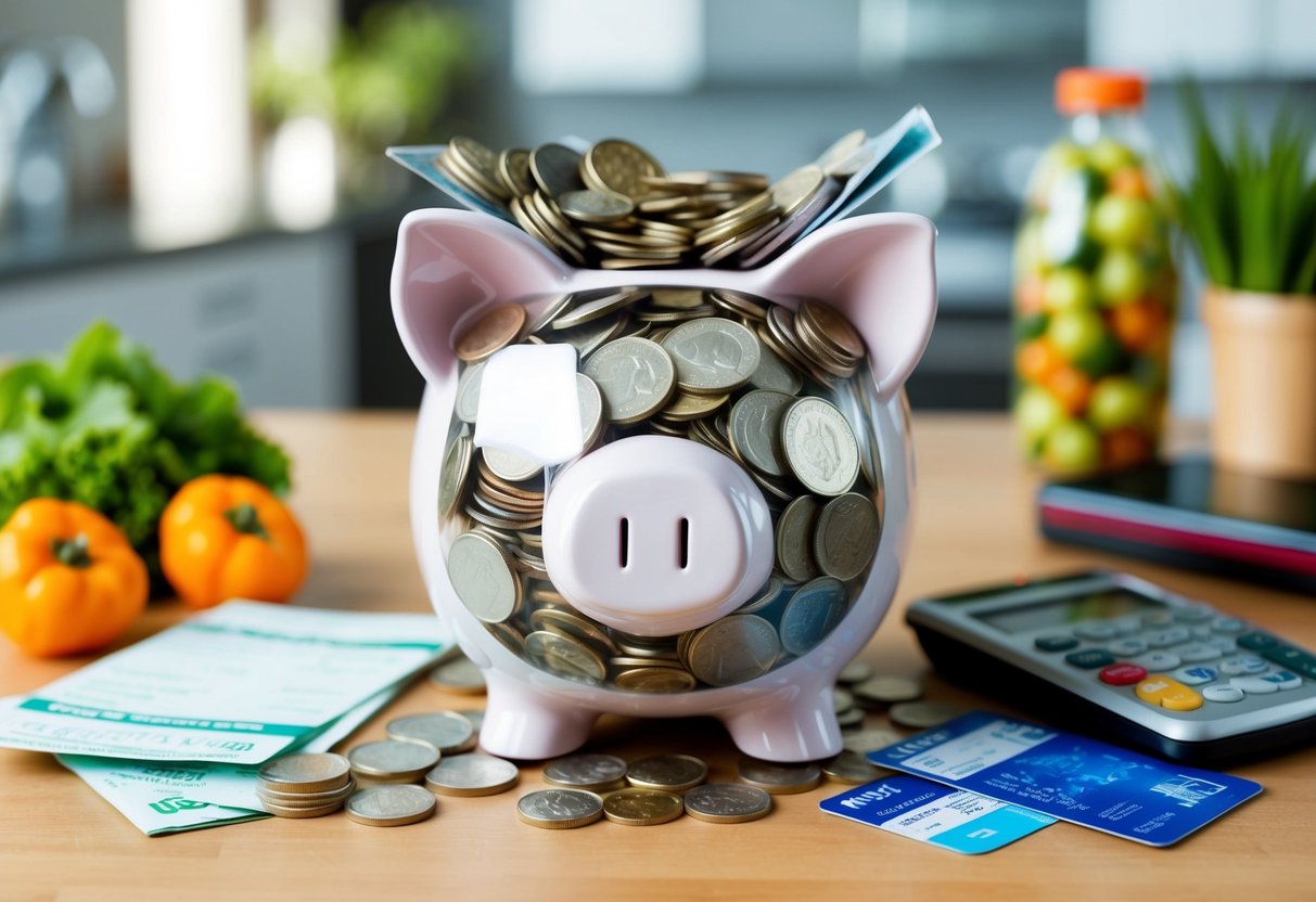 A piggy bank overflowing with coins, surrounded by everyday items like groceries, bills, and transportation passes