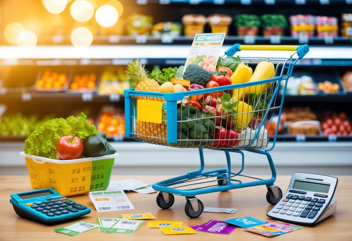 A colorful grocery cart filled with various food items, surrounded by price tags and coupons, with a calculator and budget planner nearby