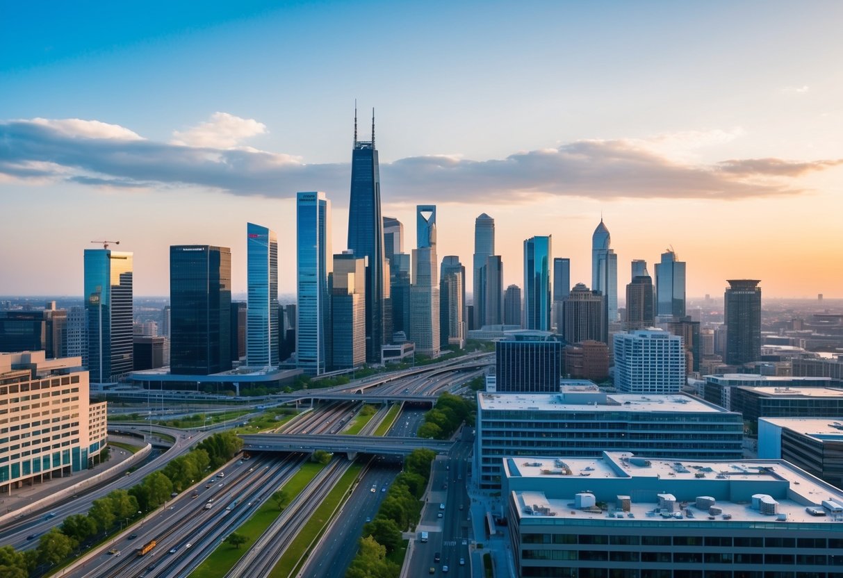 A bustling city skyline with modern office buildings and bustling streets, showcasing the potential for successful commercial real estate investment in 2024