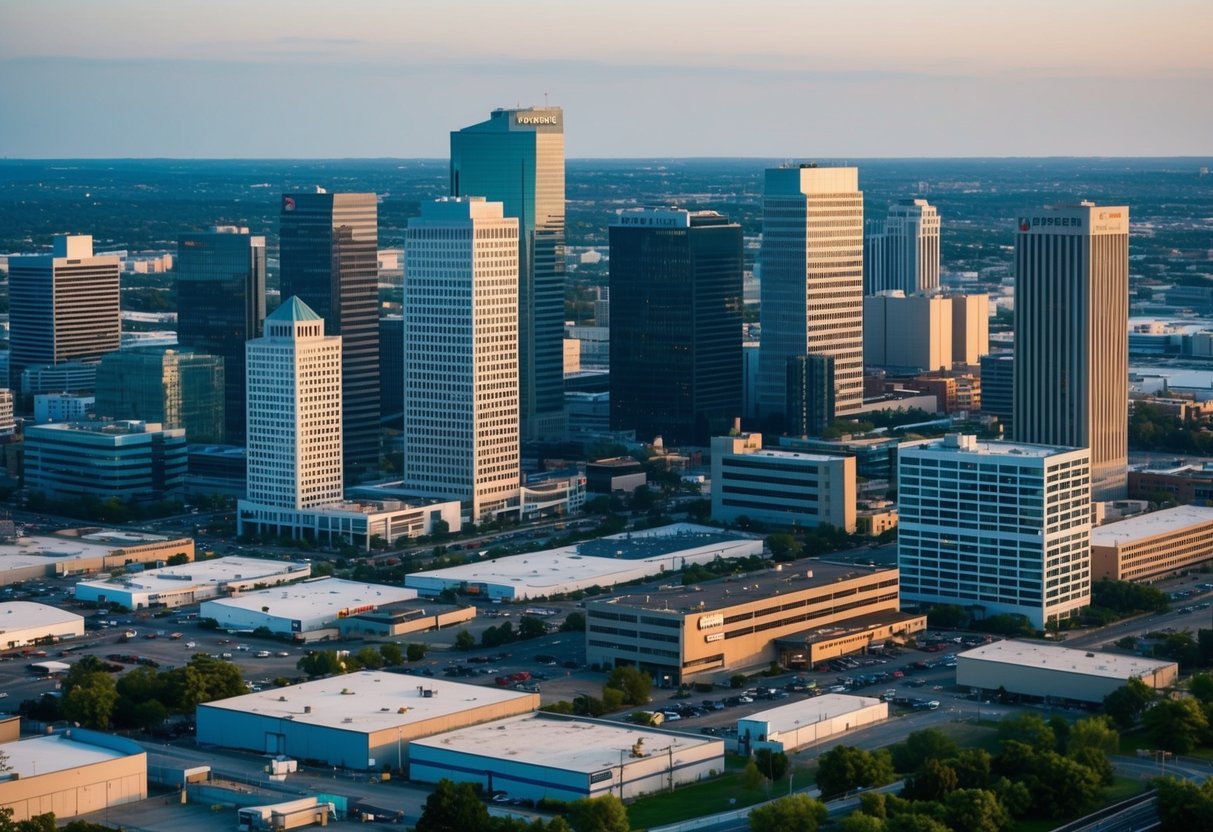 A bustling city skyline with various commercial buildings and properties, including office towers, retail spaces, and industrial complexes, surrounded by a mix of urban infrastructure and green spaces