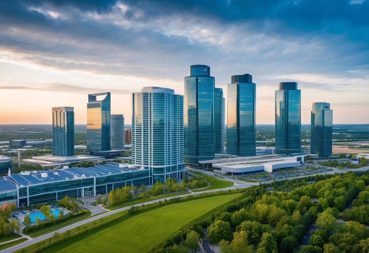 A bustling city skyline with modern, energy-efficient commercial buildings surrounded by green spaces and renewable energy sources