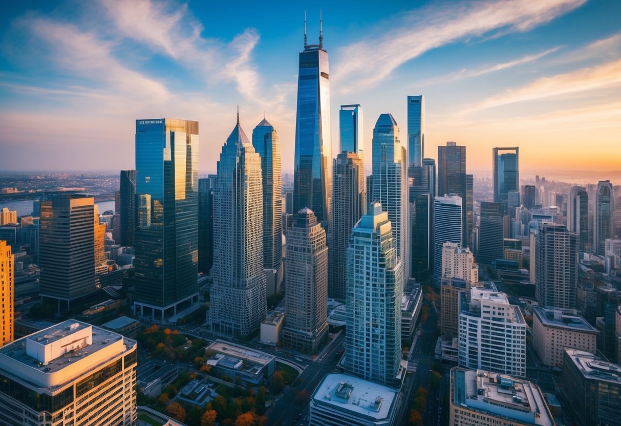 A bustling city skyline with modern skyscrapers and high-rise buildings, surrounded by a vibrant and thriving urban environment