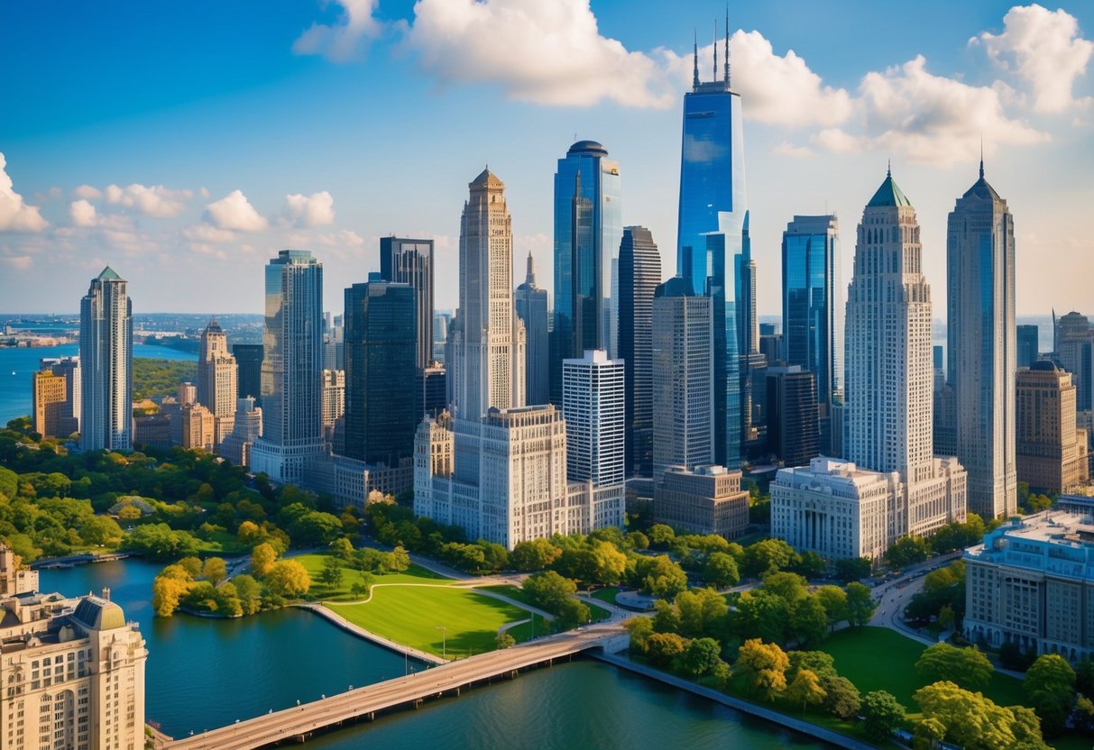 A bustling city skyline with a mix of modern skyscrapers and historic buildings, surrounded by lush green parks and waterfront areas, showcasing the diversity of real estate investment opportunities in 2024