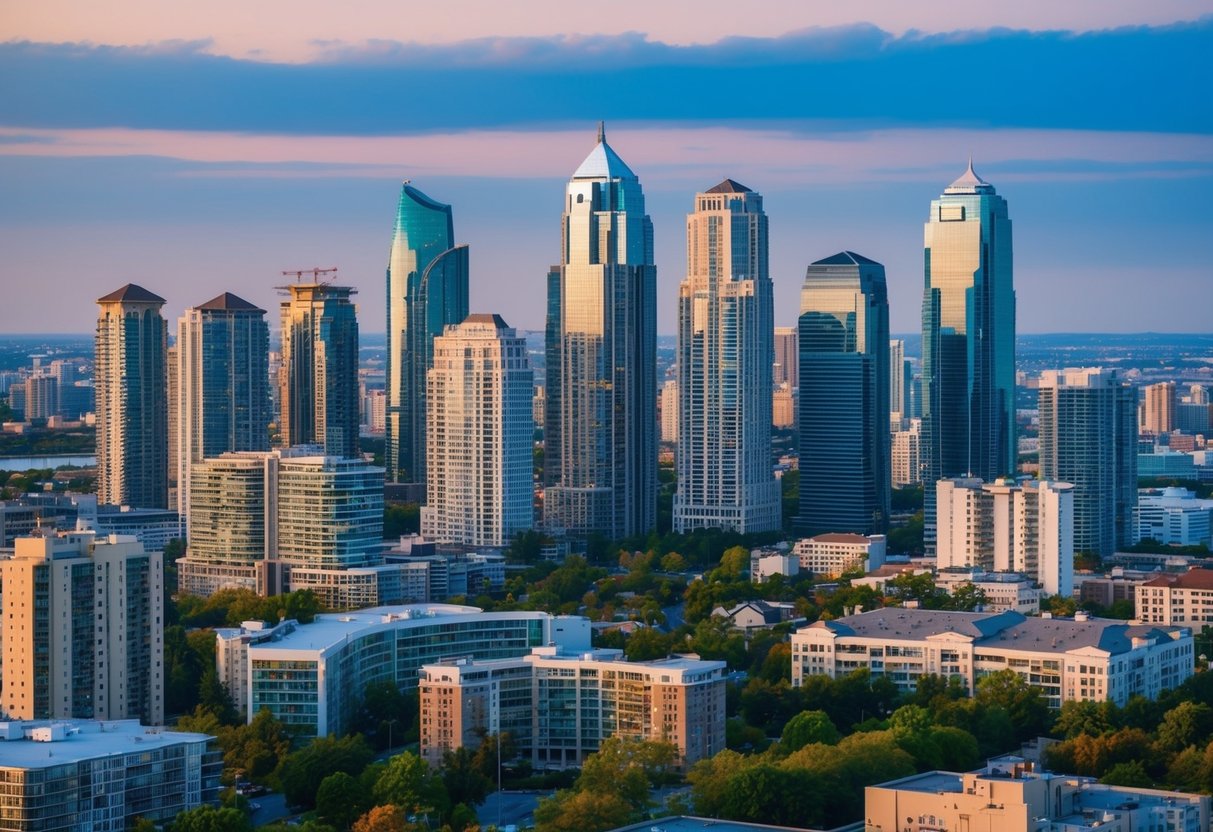 A bustling city skyline with various real estate properties, including high-rise buildings, residential complexes, and commercial spaces, set against a backdrop of a vibrant and thriving urban landscape