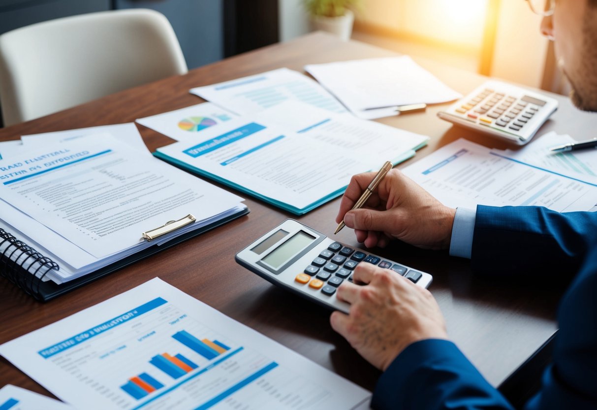 A real estate investor reviewing tax documents with a calculator and various property investment documents spread out on a desk